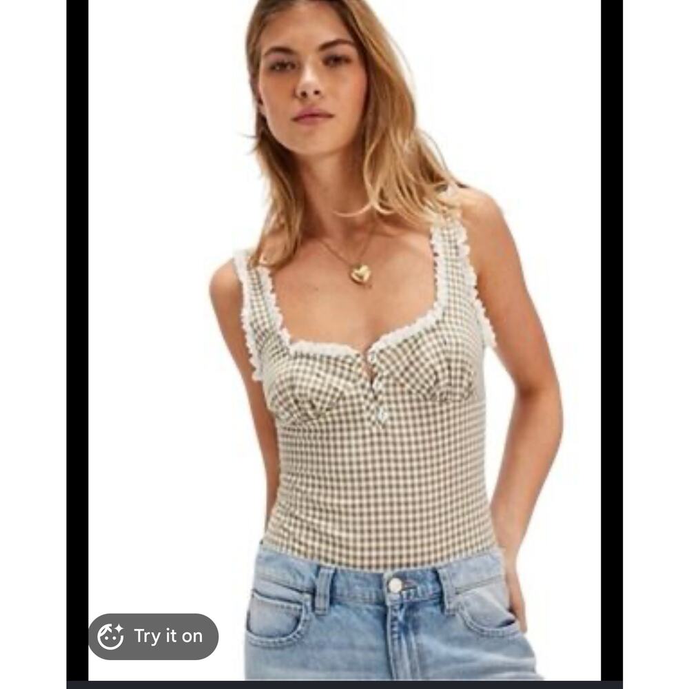 Intimately Free People Cassie Olive Green Gingham Eyelet Trim Bodysuit - Picture 2 of 4